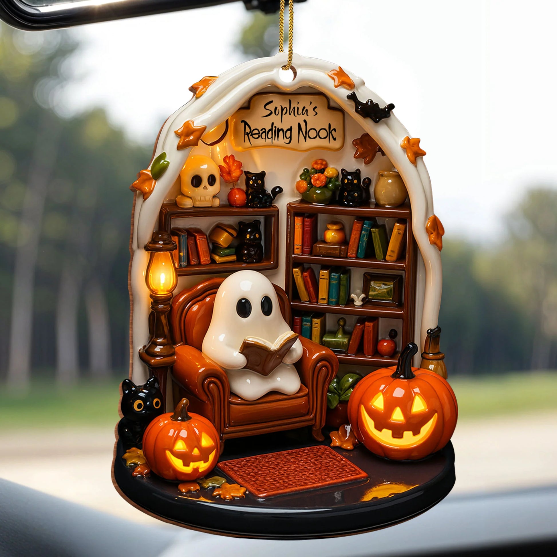 Custom Reading Nook Ghost Wood Ornament for Cat Lovers with personalized design details for meaningful gifting