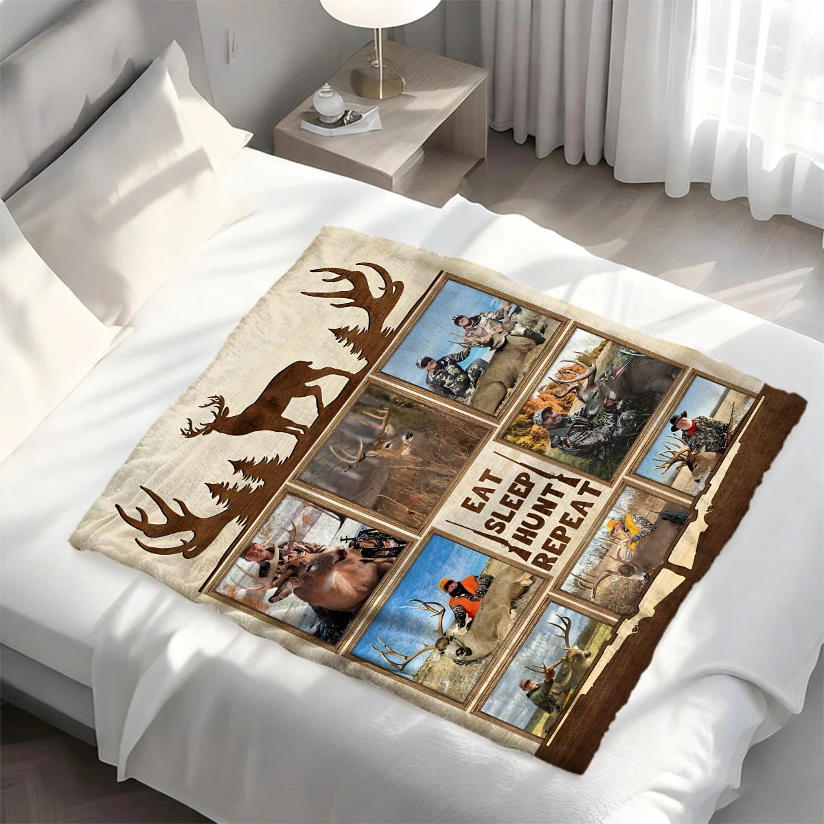 "Eat Sleep Hunt Repeat" Custom Hunting Collage Blanket - Personalized Photo Keepsake Gift for Deer Hunters