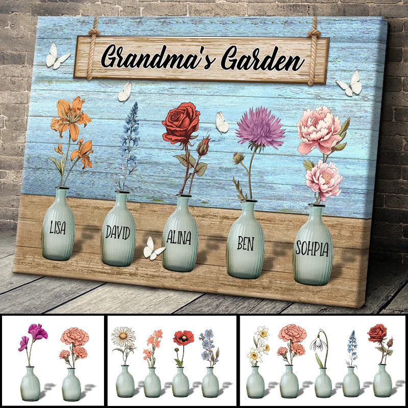 Grandma's Garden Custom Birth Month Flower Canvas / Poster - Personalized Gift for Grandma