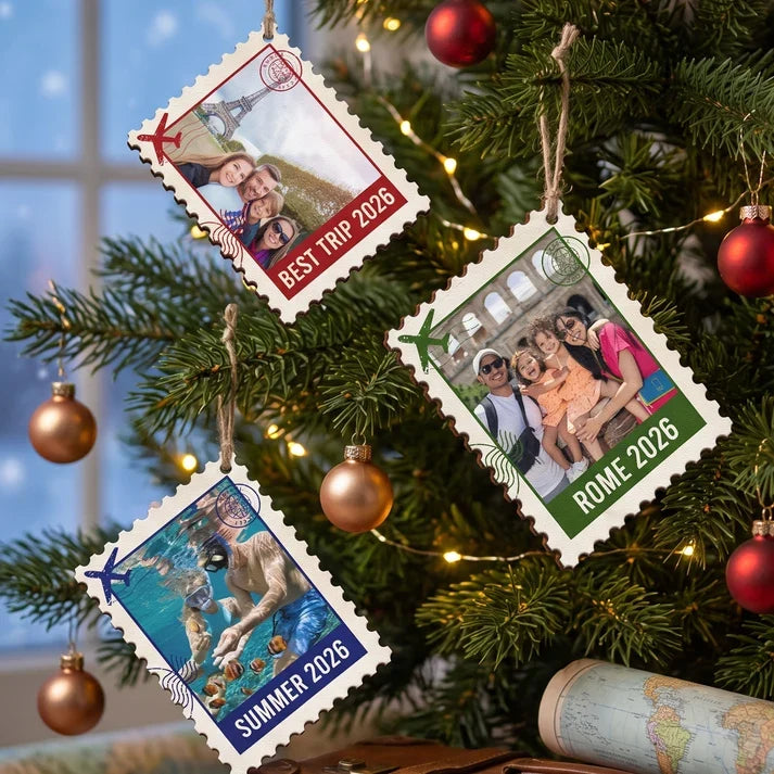 Vintage Postage Stamp Custom Photo Wood Ornament - Personalized Family Vacation Keepsake Gift for Christmas Tree