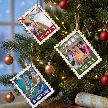 Vintage Postage Stamp Custom Photo Wood Ornament - Personalized Family Vacation Keepsake Gift for Christmas Tree