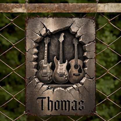 Personalized metal guitar sign with 3D cracked wall effect and custom name for music lovers image 6