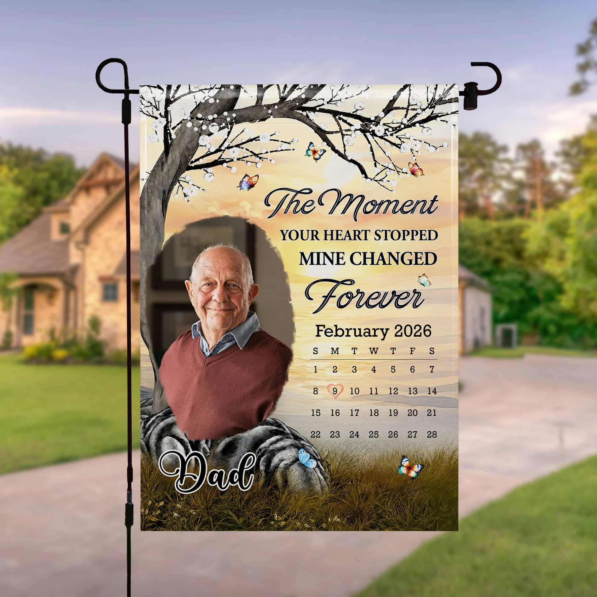 Personalized memorial garden flag for dad with custom photo calendar and tree - unique sympathy outdoor decor