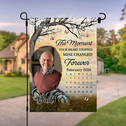 Personalized memorial garden flag for dad with custom photo calendar and tree - unique sympathy outdoor decor