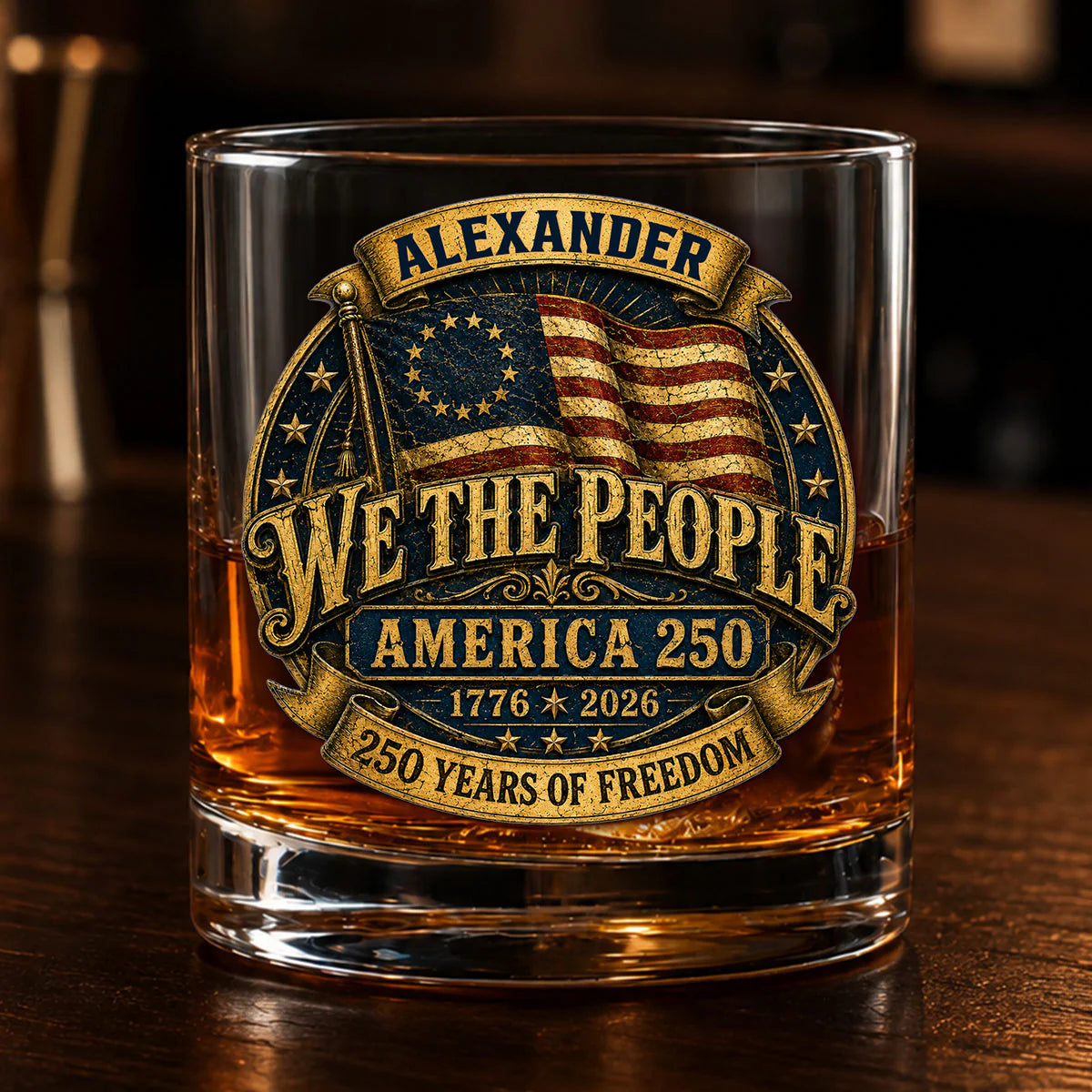 Custom America 250 Personalized Whisky Glass for Dad with personalized design details for meaningful gifting