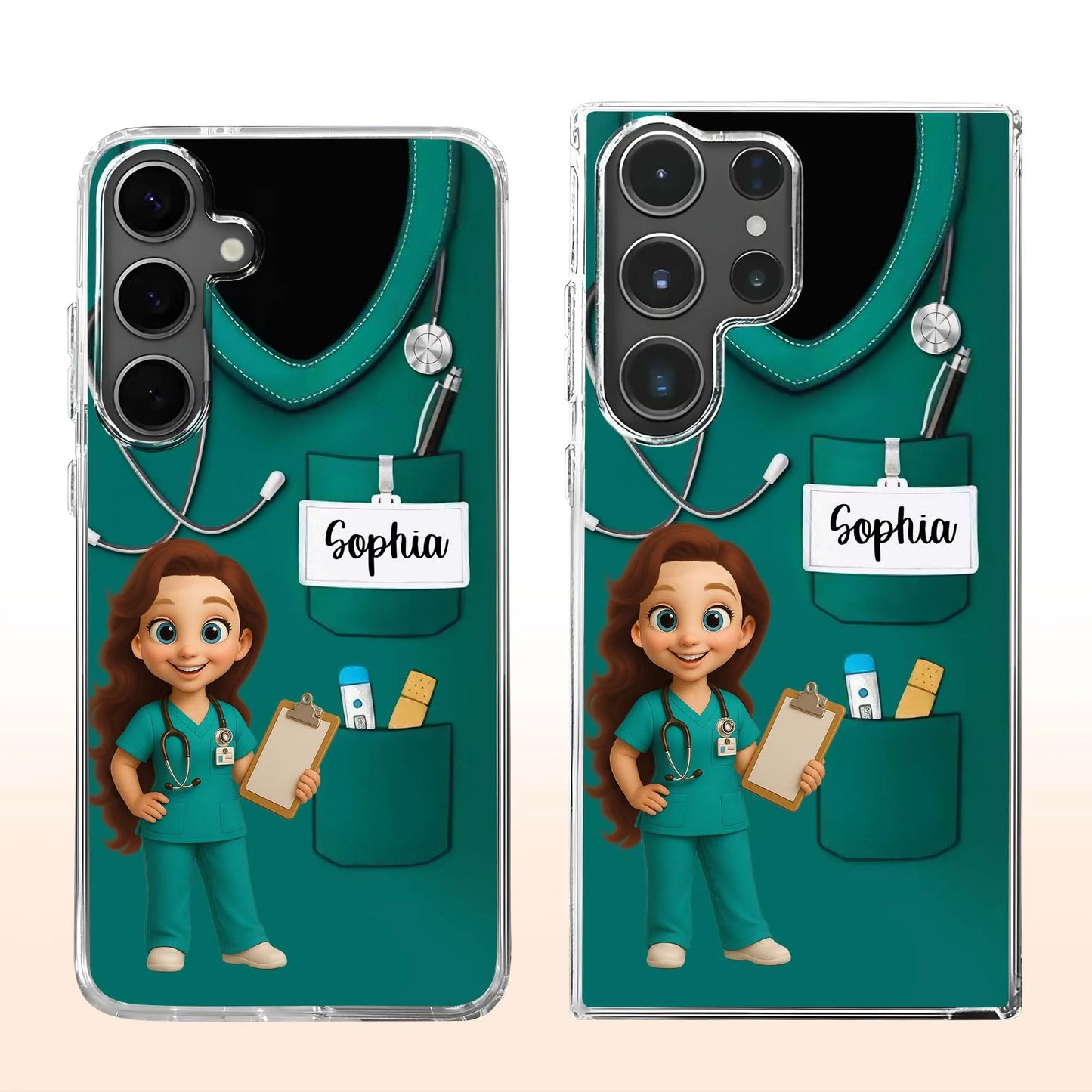 Personalized nurse phone case with custom medical uniform, stethoscope design, and custom name printed on clear background image 8