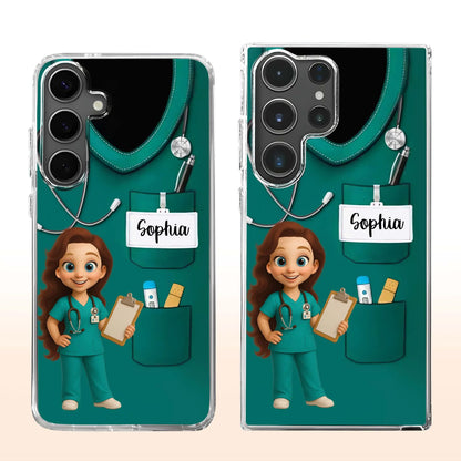 Personalized nurse phone case with custom medical uniform, stethoscope design, and custom name printed on clear background image 8