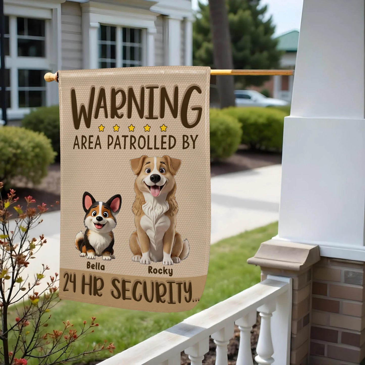 Personalized dog garden flag with Warning Area Patrolled By 24 HR Security text for pet lovers outdoor yard decor image 9
