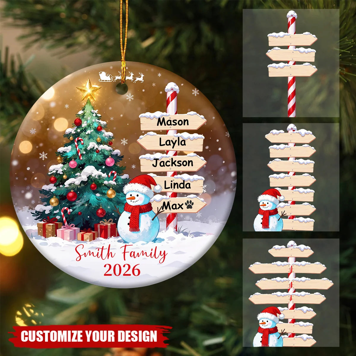 Personalized Family Christmas Ceramic Ornament - Custom Snowman Directional Sign Keepsake Gift