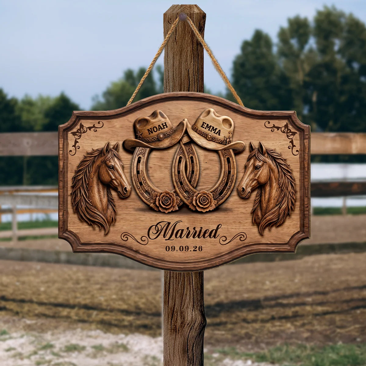 Rustic Horseshoe Wood Sign - Personalized Western Wedding Gift for Newlyweds