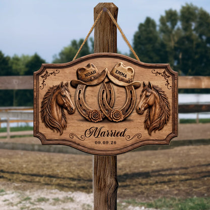 Rustic Horseshoe Wood Sign - Personalized Western Wedding Gift for Newlyweds