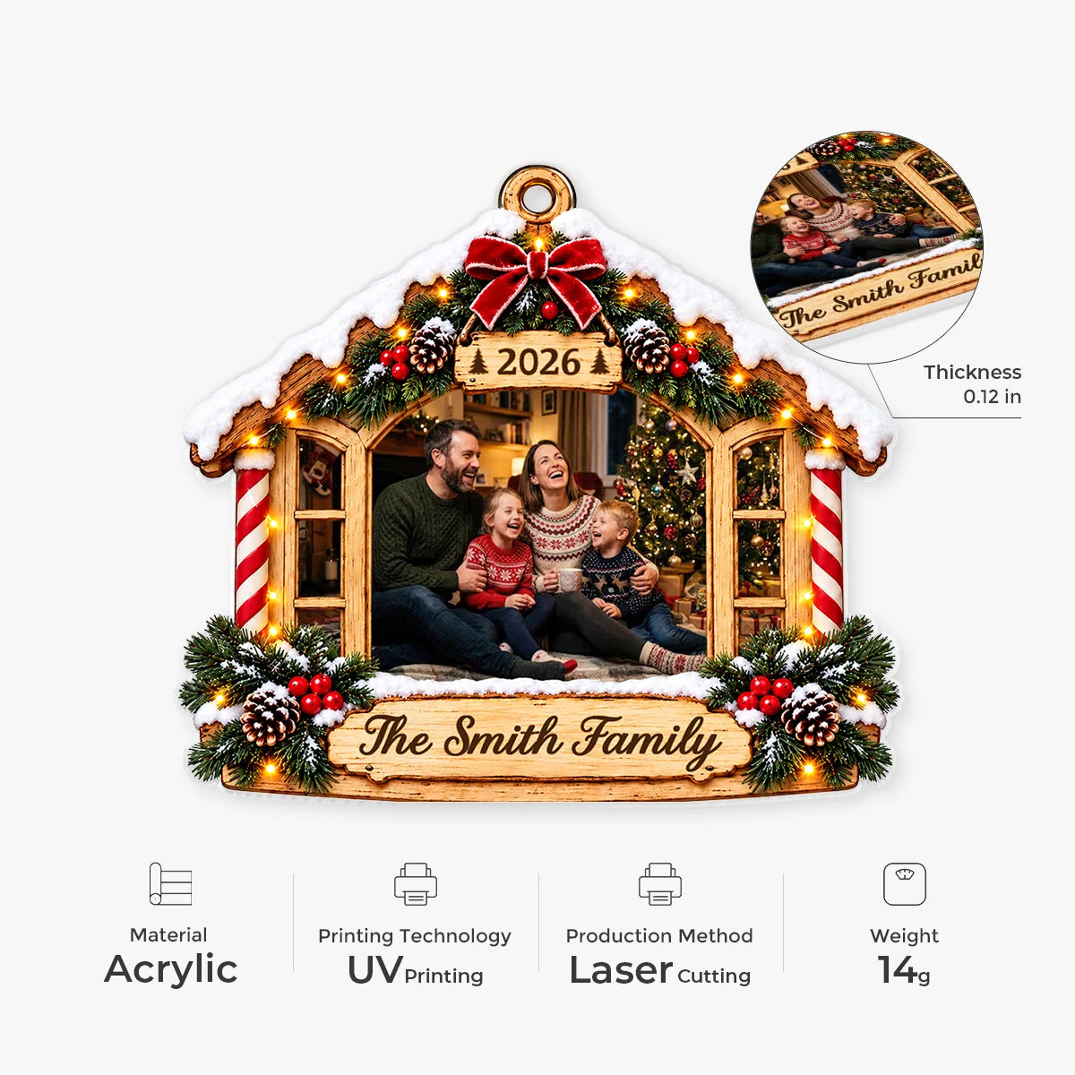 Cozy Holiday Home Personalized Family Photo Acrylic Ornament - Holiday Christmas Keepsake for Family