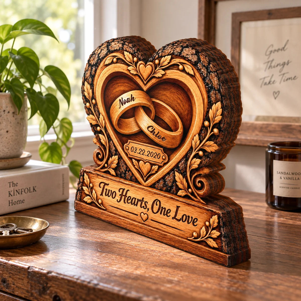 Two Hearts One Love Rings Personalized Wooden Block - Anniversary Gift for Couples