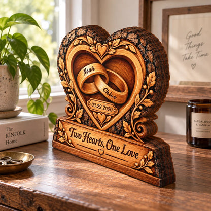 Two Hearts One Love Rings Personalized Wooden Block - Anniversary Gift for Couples