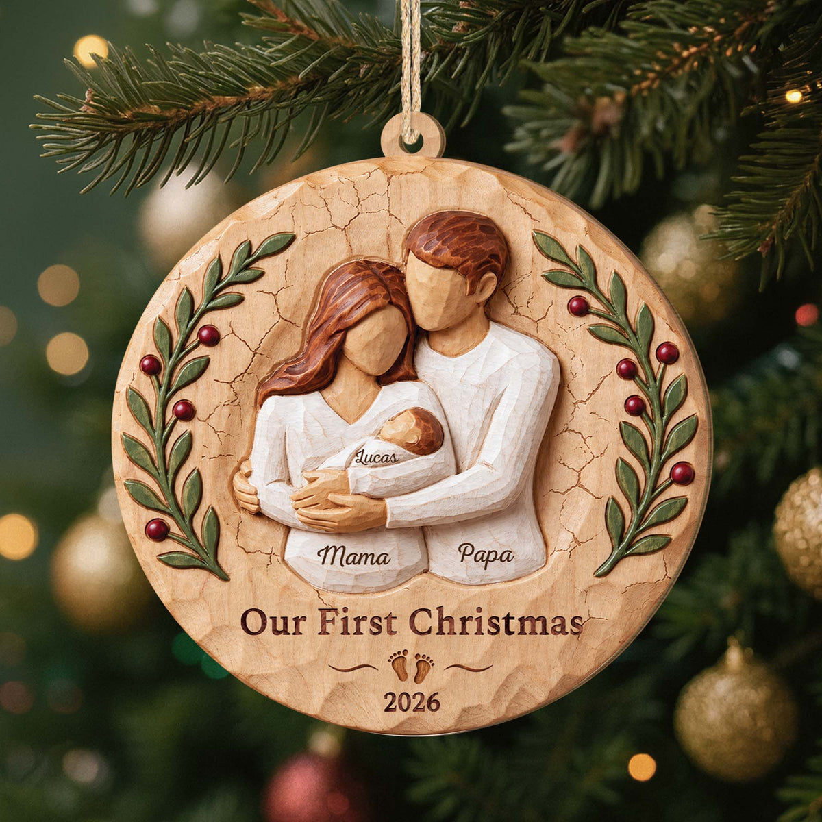 Our First Christmas Personalized Wooden Ornament - Custom Newborn Family Holiday Keepsake Gift for New Parents