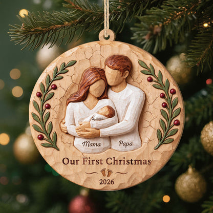 Our First Christmas Personalized Wooden Ornament - Custom Newborn Family Holiday Keepsake Gift for New Parents