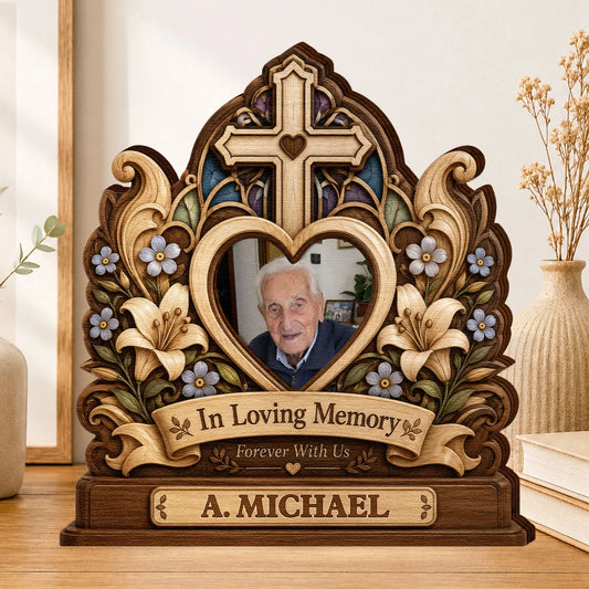In Loving Memory Custom Photo Cross Wooden Block - Personalized Memorial Keepsake Gift for Family