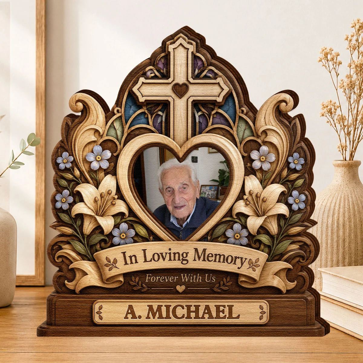 In Loving Memory Custom Photo Cross Wooden Block - Personalized Memorial Keepsake Gift for Family