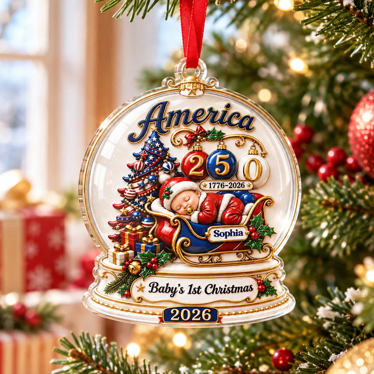Baby's 1st Christmas 2026 America 250th - Personalized Acrylic Ornament for Newborn