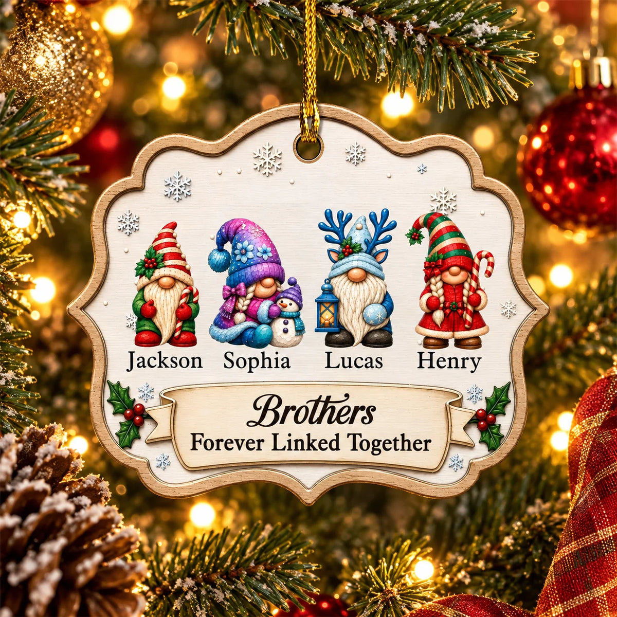 "Forever Linked Together" Personalized Gnome Ornament - Custom Family Keepsake for Sibling