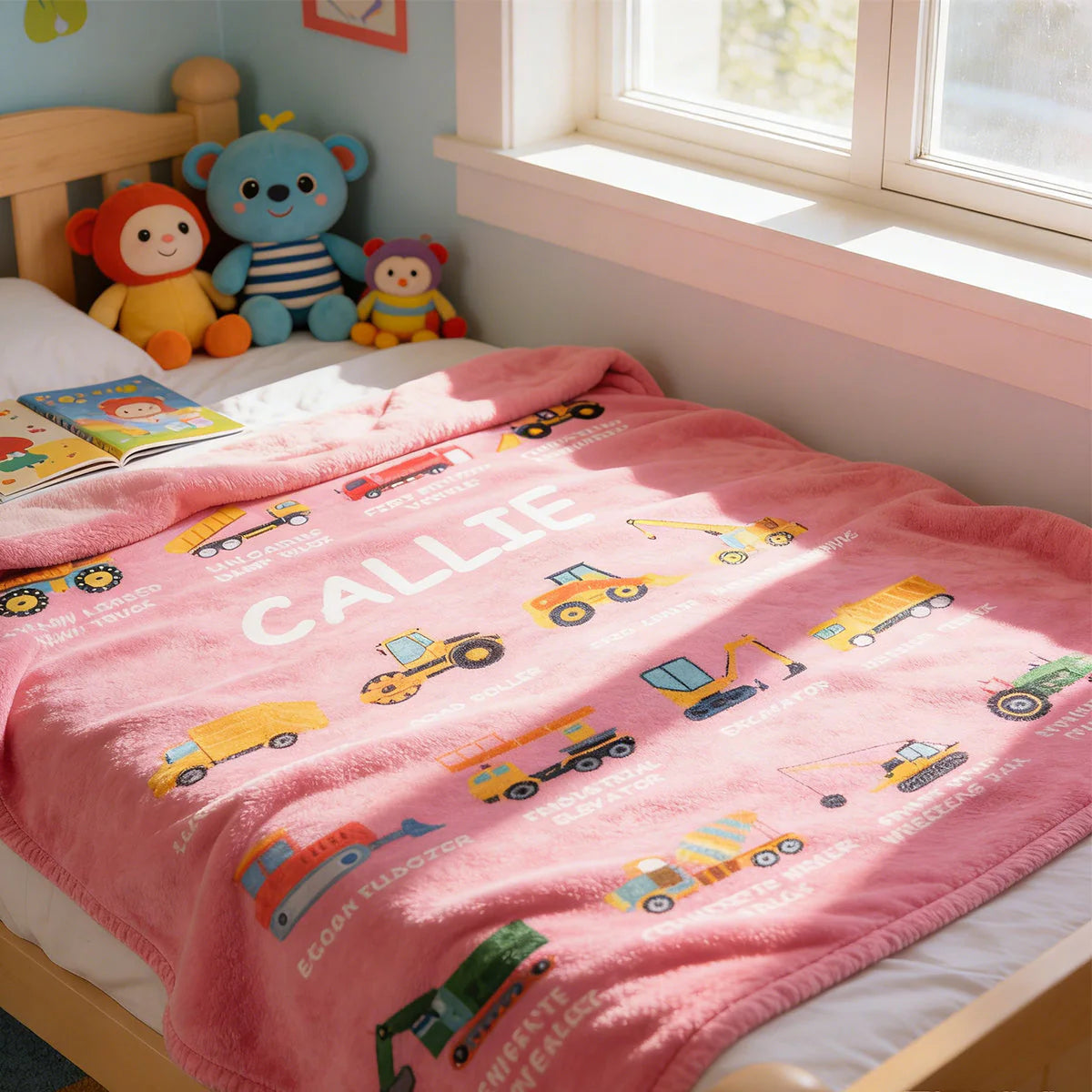 Personalized construction truck blanket featuring custom name and cartoon industrial vehicles for kids and toddlers image 7