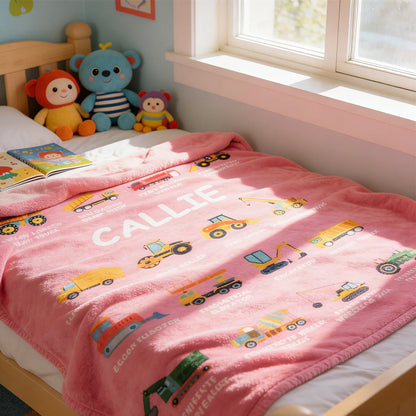 Personalized construction truck blanket featuring custom name and cartoon industrial vehicles for kids and toddlers image 7
