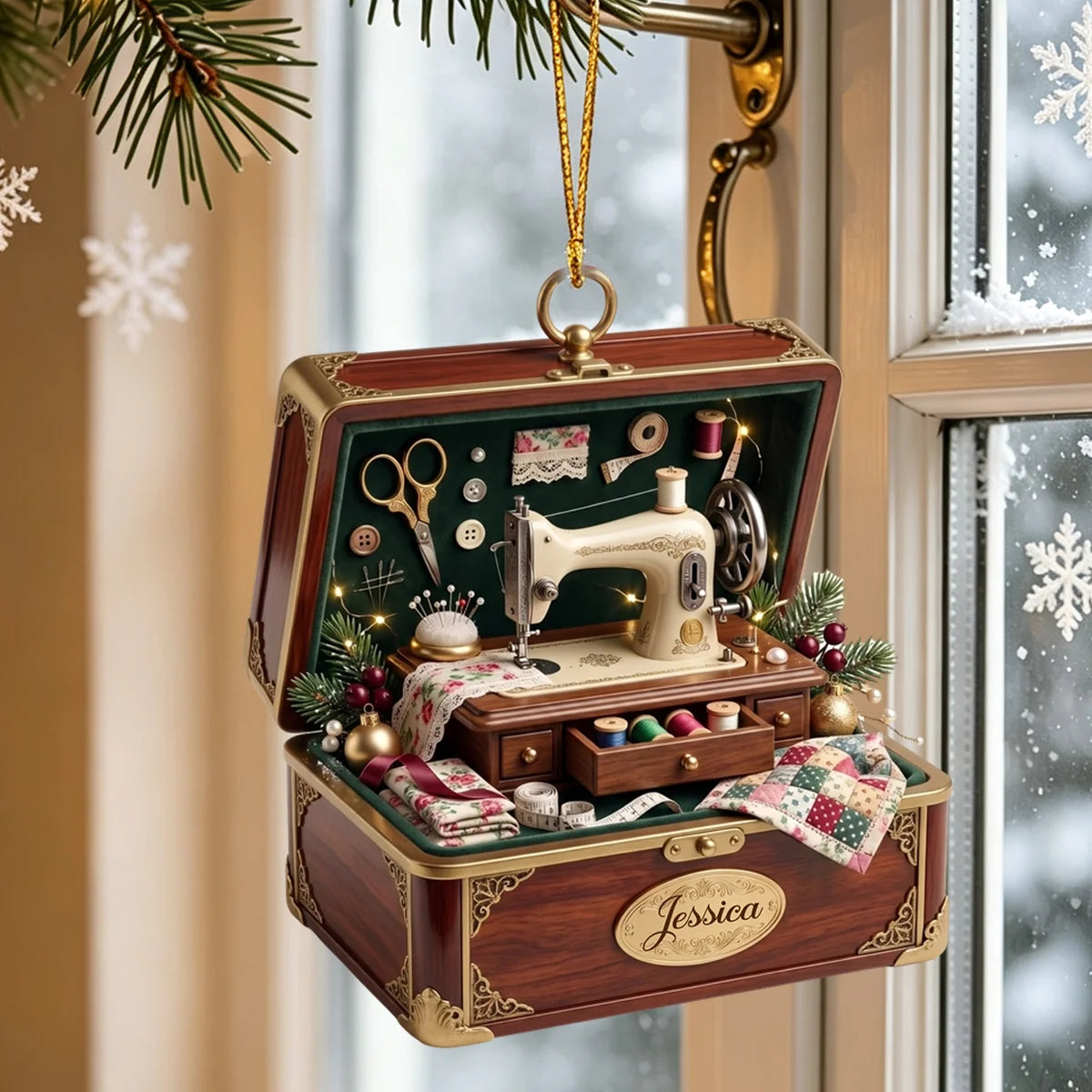 Personalized Vintage Sewing Studio Box Ornament - Custom Acrylic Keepsake Gift for Quilters