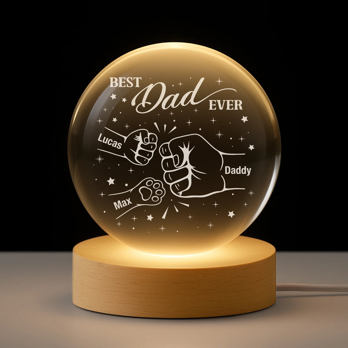 Best Dad Ever Fist Bump Crystal Ball Lamp - Personalized Gift for Dad & Grandpa