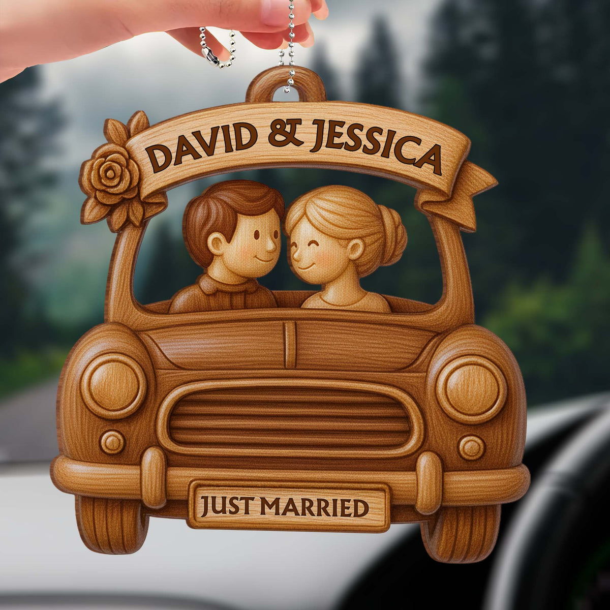 Just Married, Couple In Car With Rose