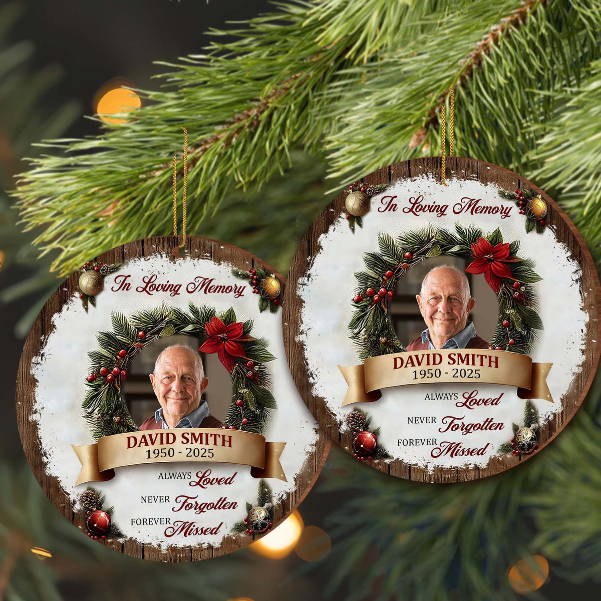 "In Loving Memory" Personalized Photo Wood Ornament - Always Loved Never Forgotten Keepsake