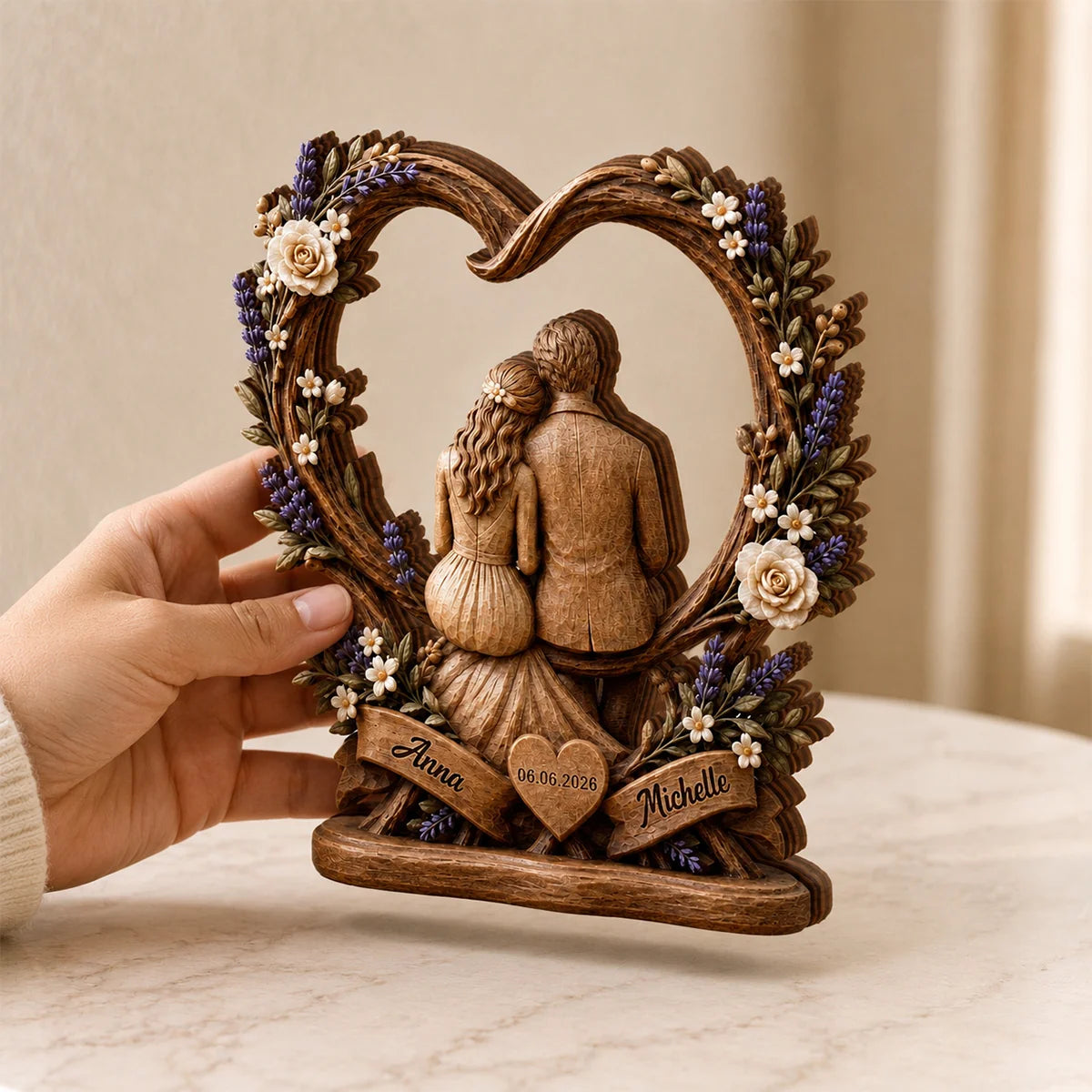 Forever Our Love Floral Heart Personalized Wooden Block - Custom Couples Anniversary Gift