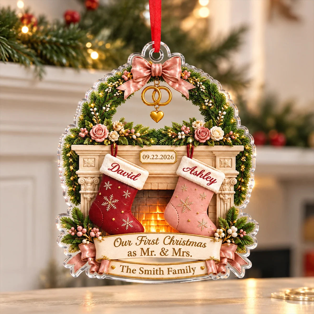 Our First Christmas as Mr. & Mrs. Custom Names Acrylic Ornament - Personalized Newlywed Keepsake Gift for Couples, Husband Wife