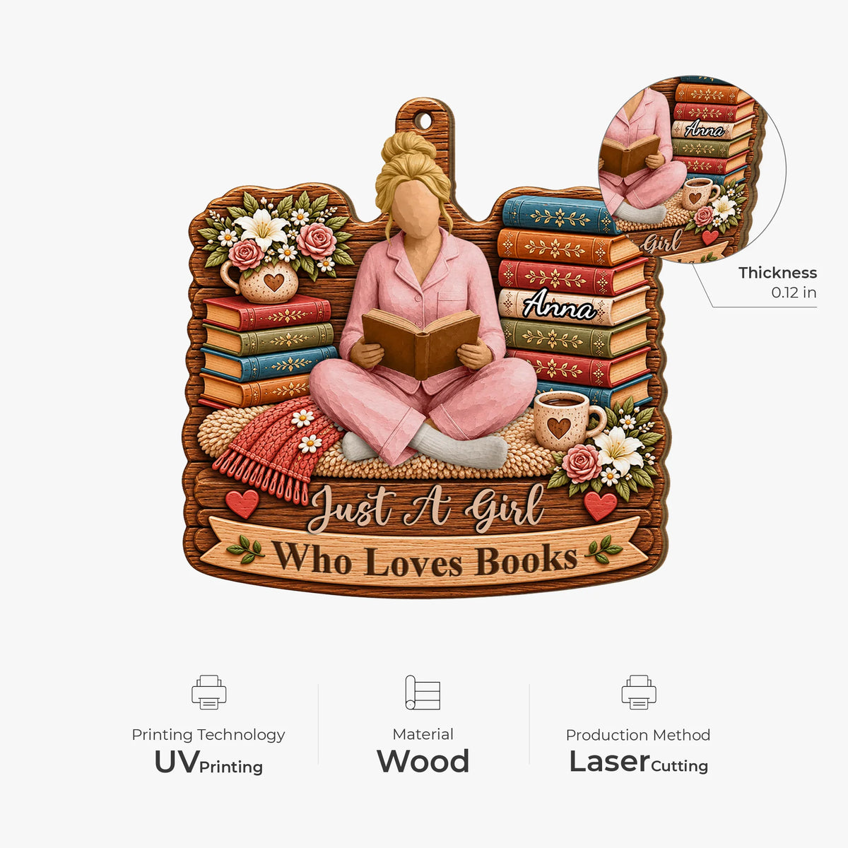 Just A Girl Who Loves Books Personalized Wooden Ornament - Reader Christmas Gift for Book Lovers