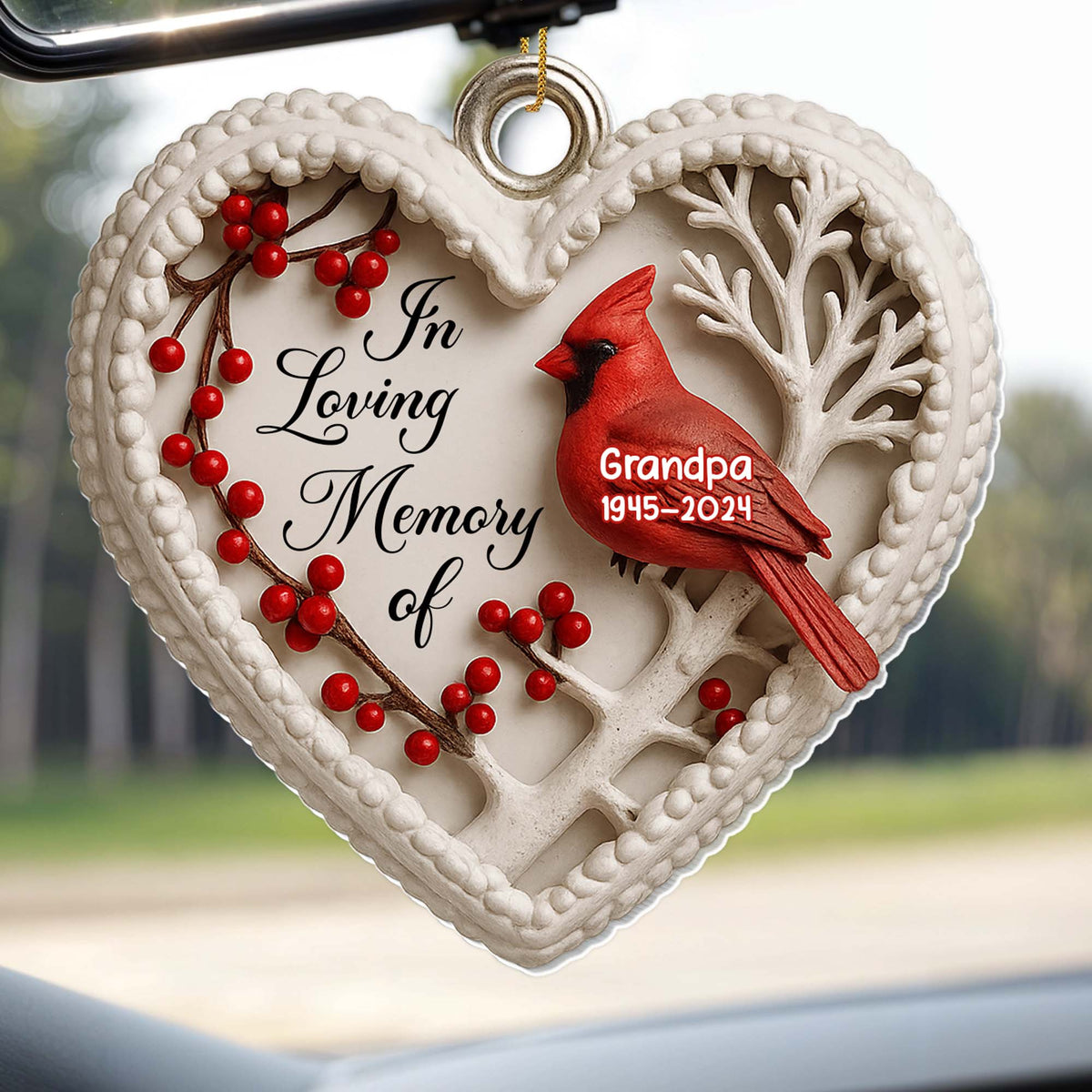 In Loving Memory Of Cardinal And Berries Heart Ornament