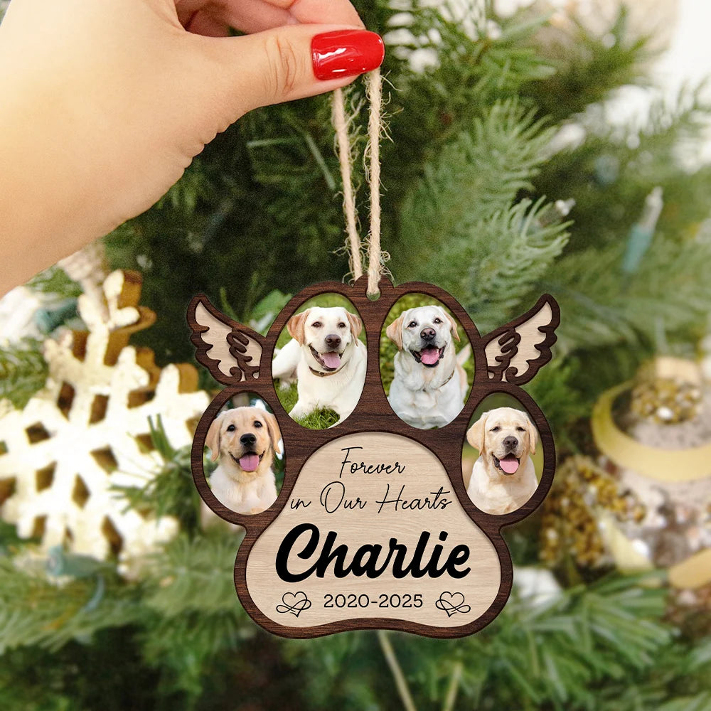"Forever in Our Hearts" Personalized Pet Memorial Paw Wood Ornament - Custom Photo Dog Loss Keepsake Gift
