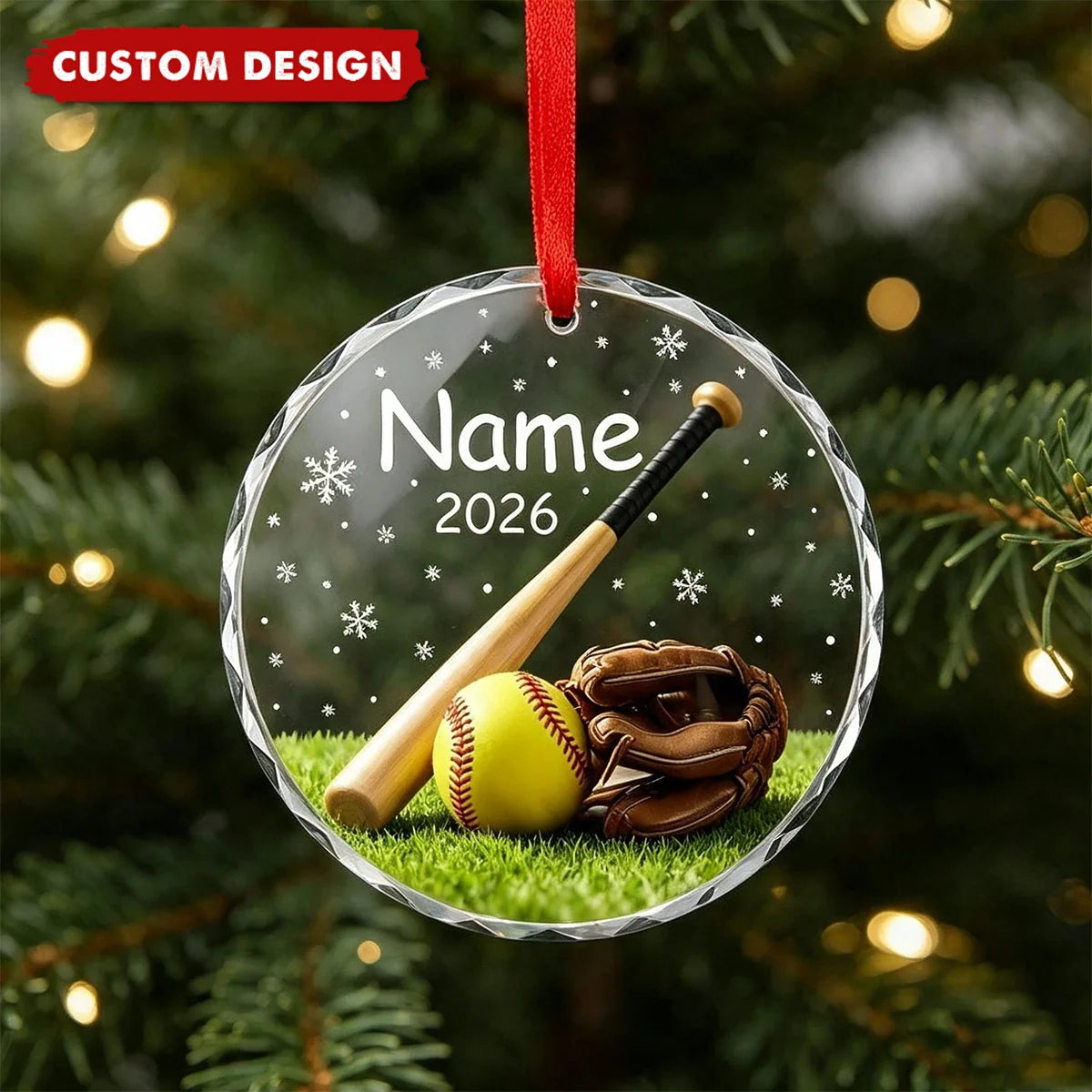 Personalized Baseball & Softball Glove Christmas Glass Ornament - Custom Player Name Keepsake Gift