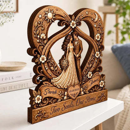 "Two Souls One Home" Personalized Couples Wooden Block - Custom Heart Anniversary Keepsake Gift for Wife Husband