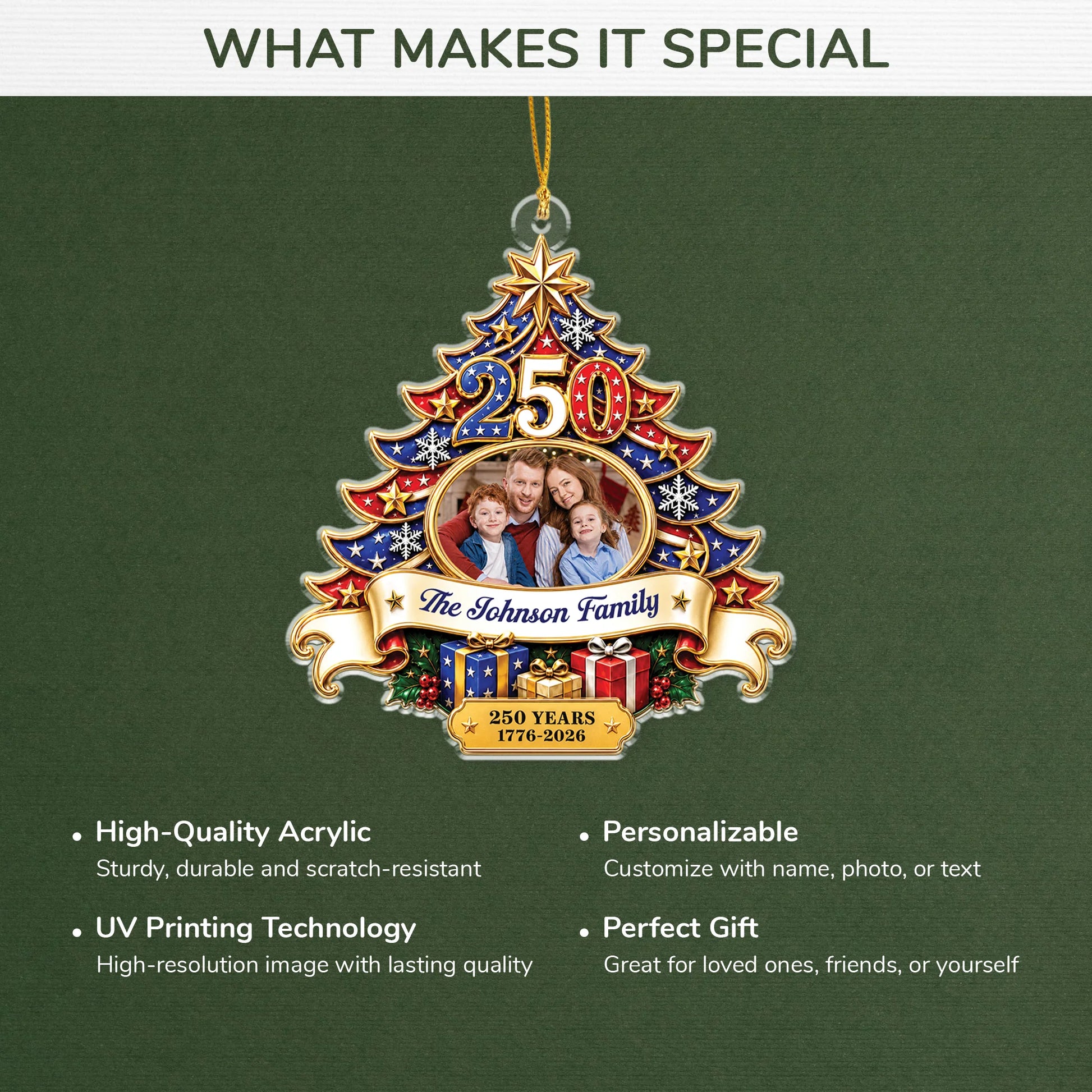America 250 Years 1776-2026 - Personalized Family Photo Acrylic Christmas Ornament Keepsake