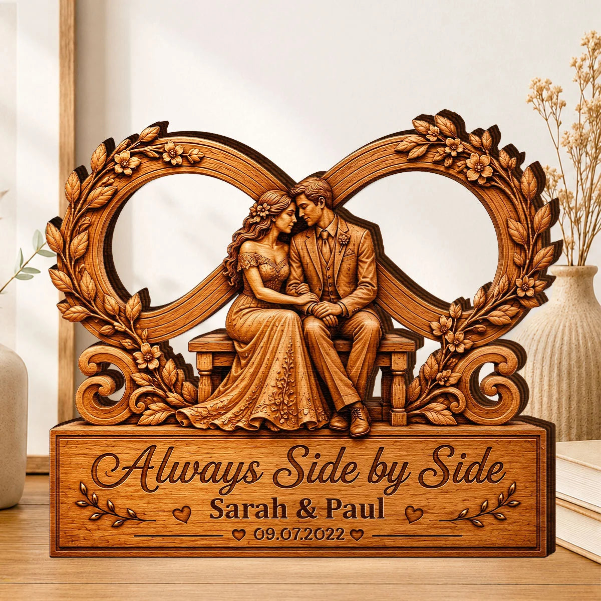 Personalized couples wooden plaque engraved with Always Side by Side quote and custom names