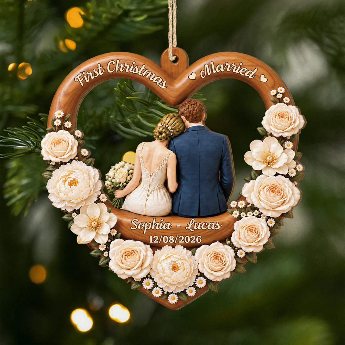 First Christmas Married Keepsake - Personalized Wooden Ornament Custom Wedding Gift for Couples with Names and Date