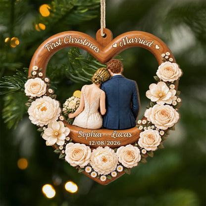 First Christmas Married Keepsake - Personalized Wooden Ornament Custom Wedding Gift for Couples with Names and Date