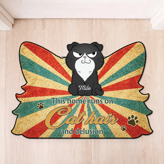 "This Home Runs On Cat Hair And Delusion" Personalized Cat Doormat - Custom Shaped Mat for Pet Lovers