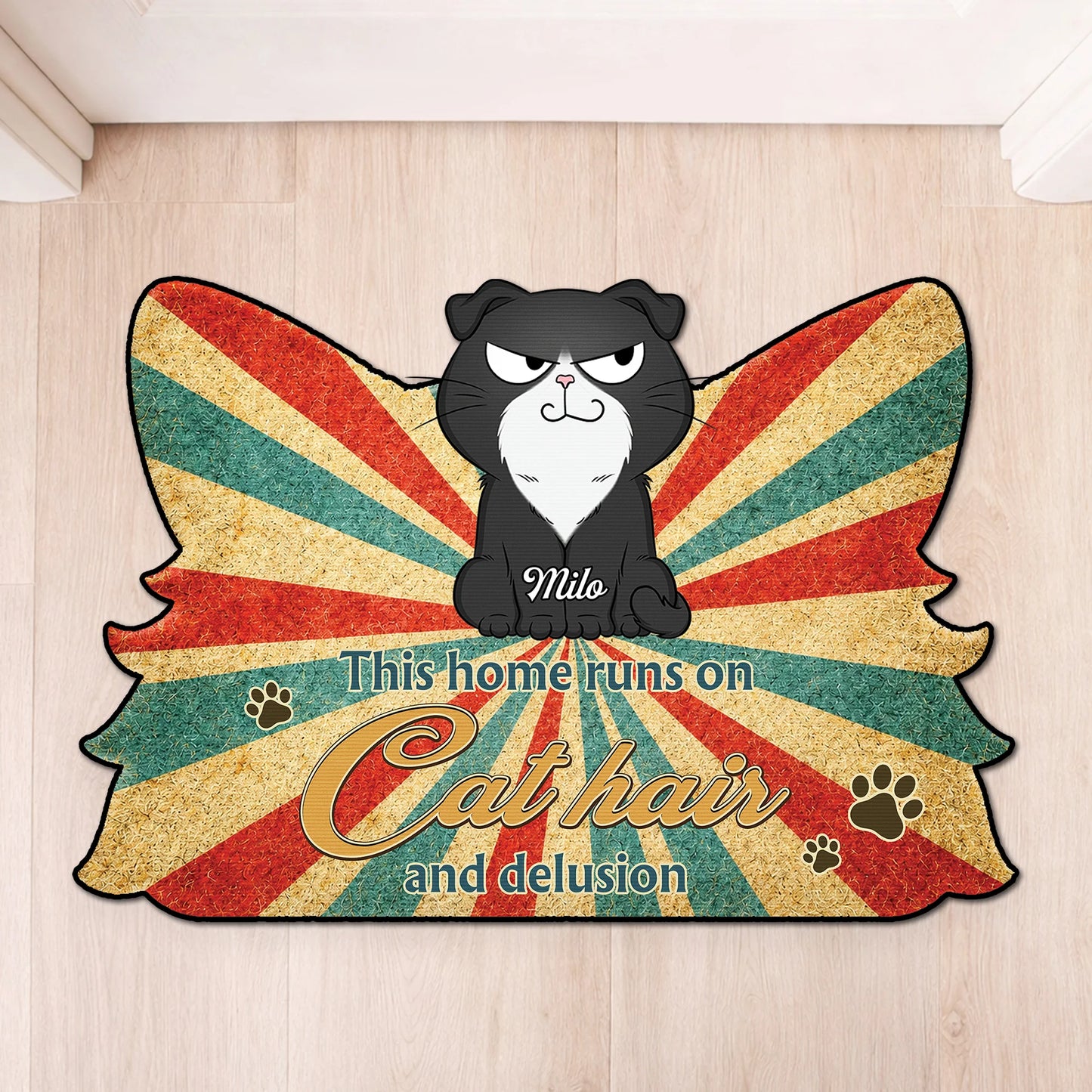 "This Home Runs On Cat Hair And Delusion" Personalized Cat Doormat - Custom Shaped Mat for Pet Lovers