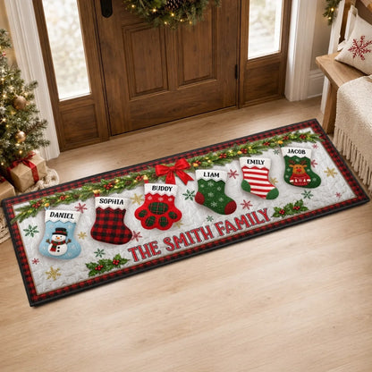 Personalized Christmas Stockings Runner Rug - Custom Family Holiday Decor Gift for Mom and Dad