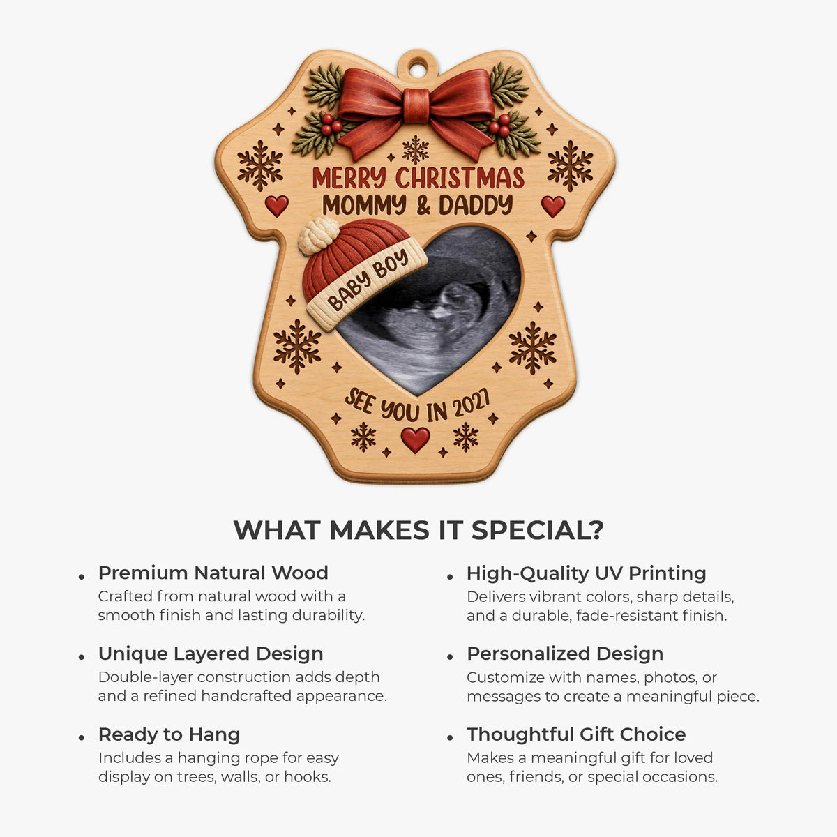 Merry Christmas Mommy & Daddy - Personalized Ultrasound Wooden Ornament for Expecting Parents