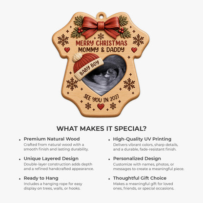 Merry Christmas Mommy & Daddy - Personalized Ultrasound Wooden Ornament for Expecting Parents