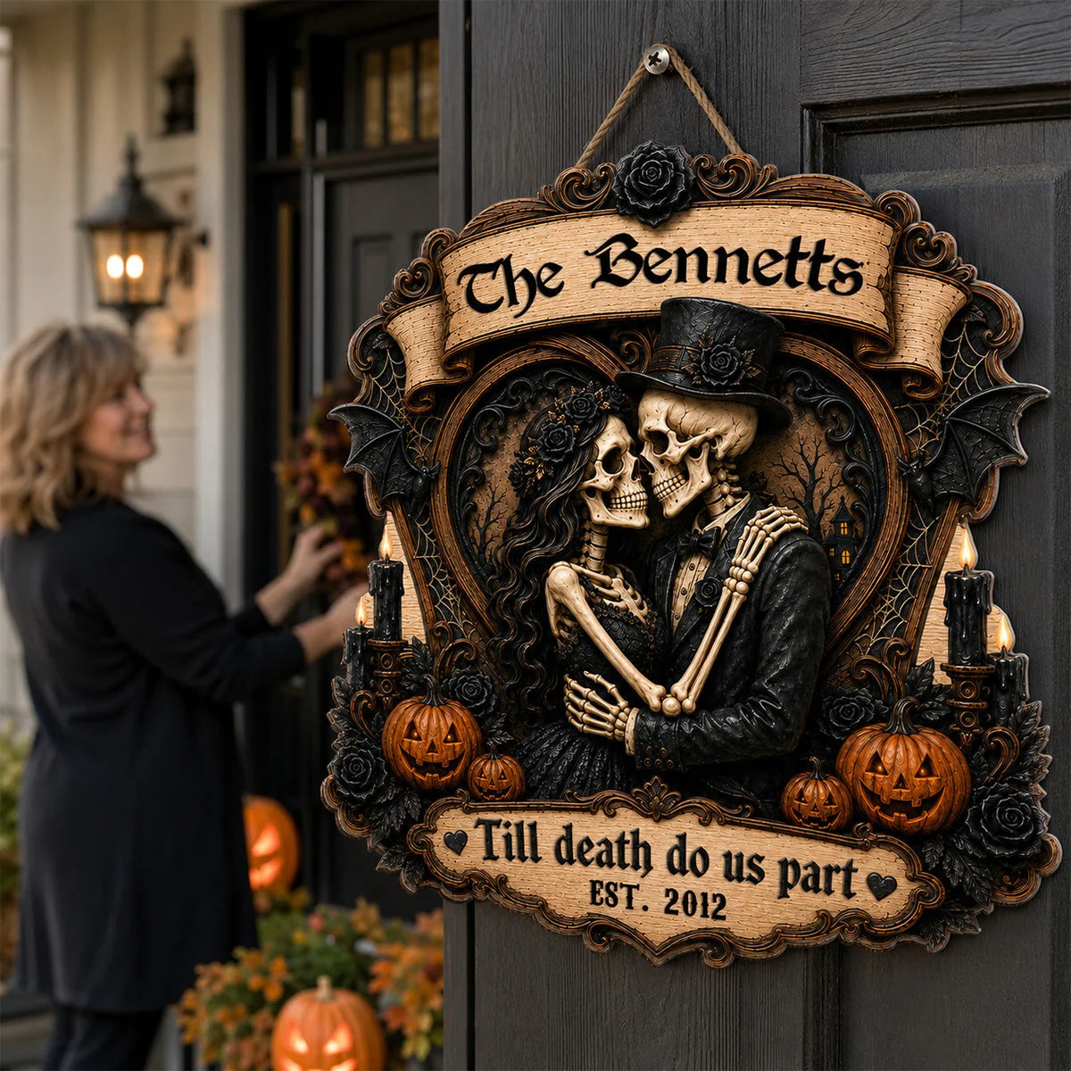 Till Death Do Us Part Skeleton Couple Personalized Wood Sign - Gothic Halloween Decor for Couples
