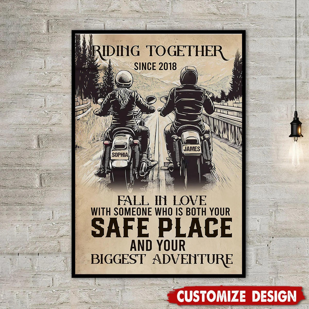 Custom motorcycle couple canvas featuring a vintage biker design with personalizable names and year image 8