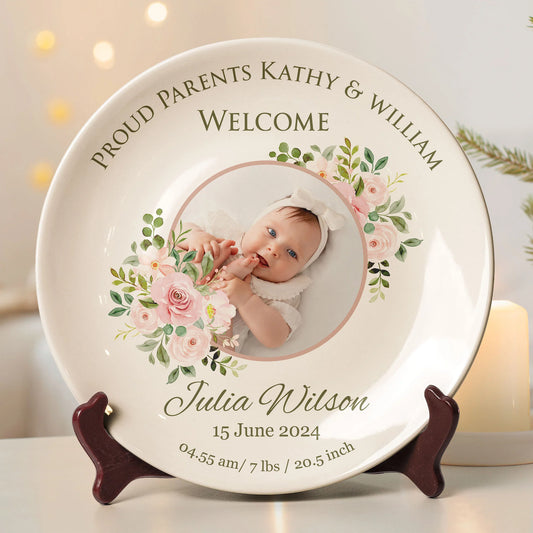 Custom Baby Birth Stats Ceramic Plate for Mom with personalized design details for meaningful gifting