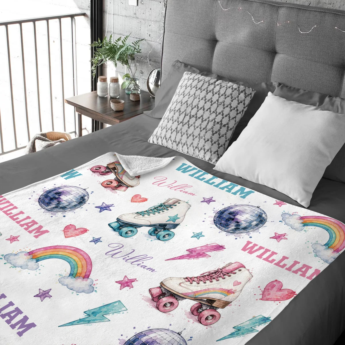 Personalized Roller Skate Blanket - Retro Disco Rainbow Custom Name Throw for Kids